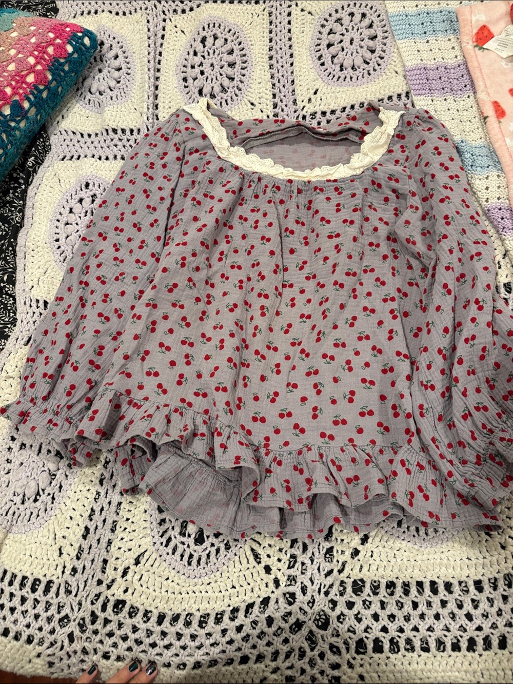 Girls' Cherry-Print Long Sleeve Top with Lace Trim